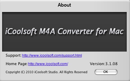 iCoolsoft M4A Converter for Mac 3.1 : About window