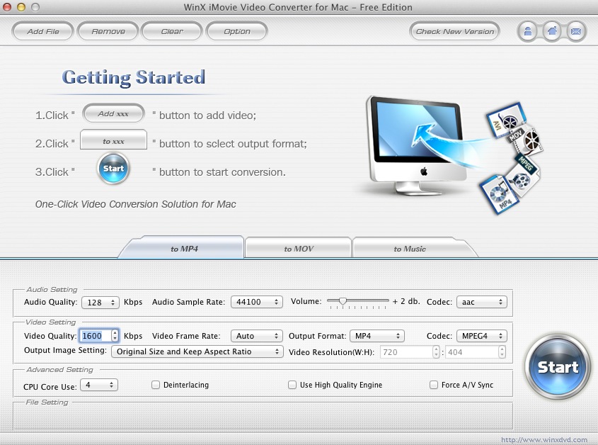 WinX iMovie Video Converter for Mac - Free Edition 2.8 : Main window
