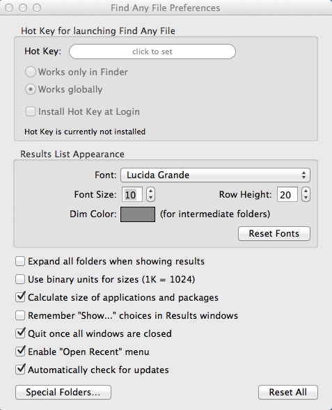 Find Any File 1.8 : Program Preferences