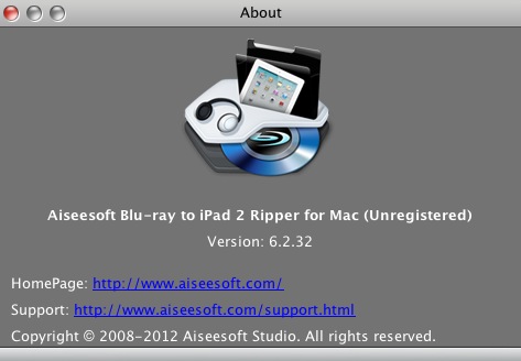 Aiseesoft Blu-ray to iPad 2 Ripper for Mac 6.2 : About window