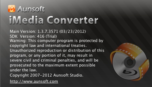 Aunsoft iMedia Converter for Mac 1.3 : About window