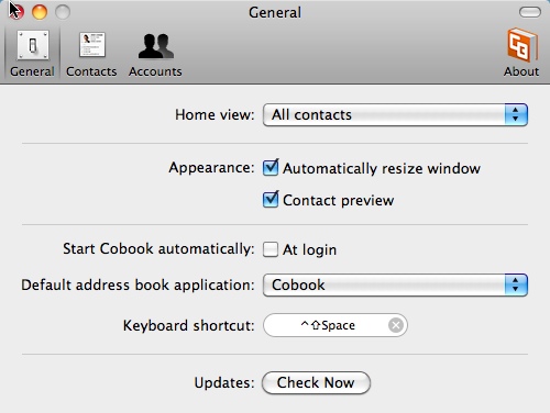Cobook Contacts : Preferences window