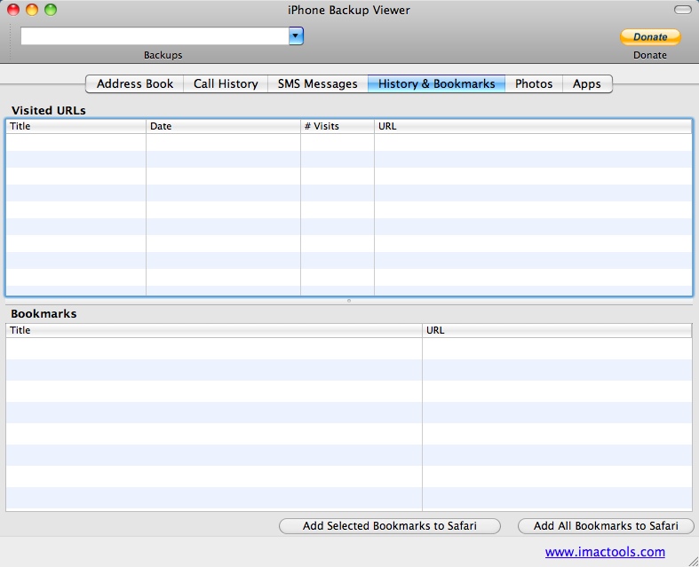iBackup Viewer 1.2 : History and bookmarks