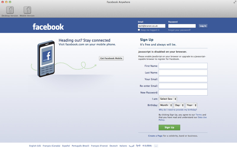 Anywhere For Facebook 1.3 : Anywhere For Facebook screenshot