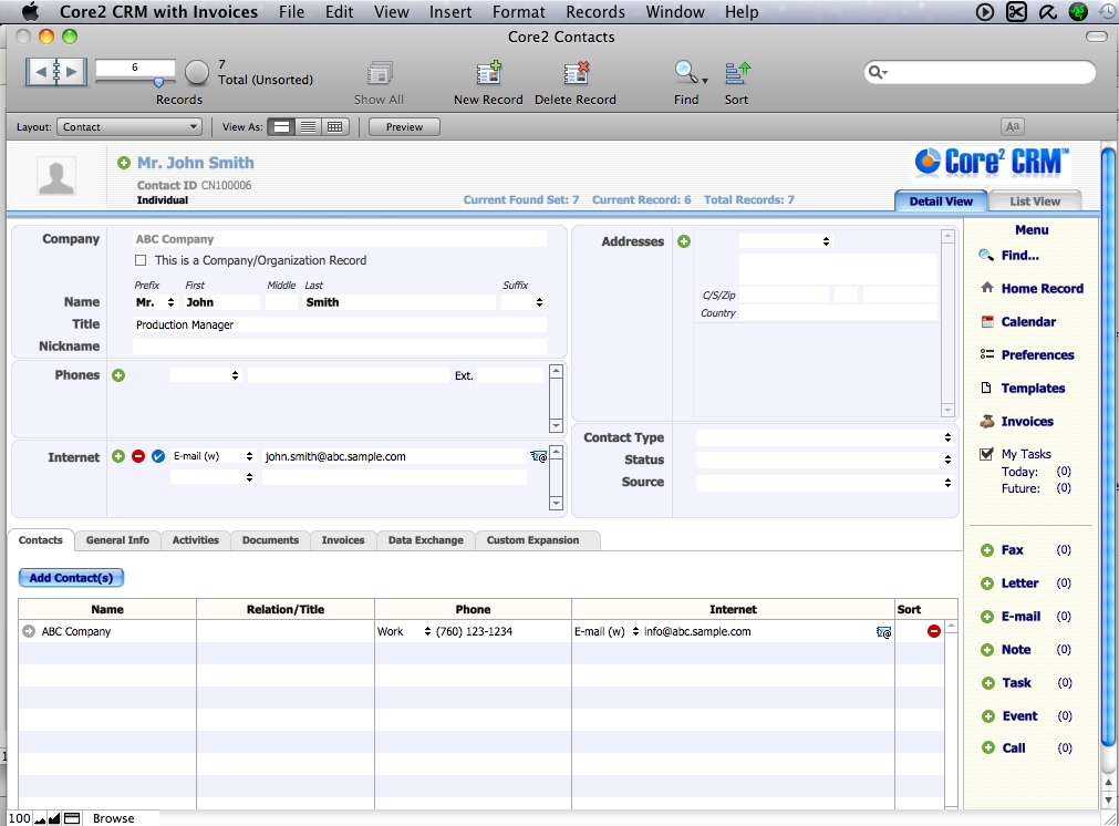 Core2 CRM with Invoices 1.1 : Main window