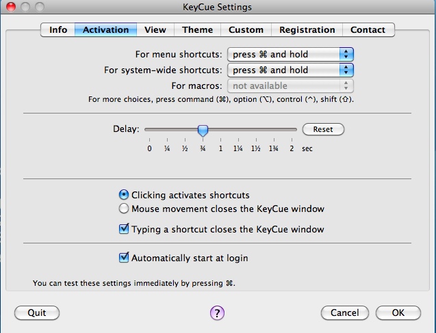 KeyCue 6.1 : Settings - Activation tab