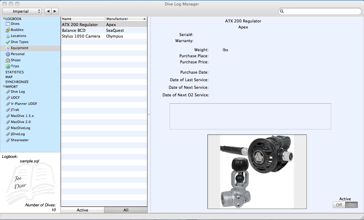 Dive Log Manager 2.3 : Main window - "Equipment" tab
