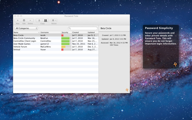 Password Tote for Mac OS X 2.0 : Password Tote for Mac OS X screenshot