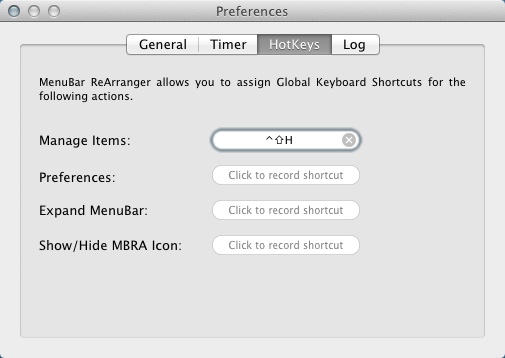 MenuBar ReArranger 1.2 : Configuring Shortcut Keys