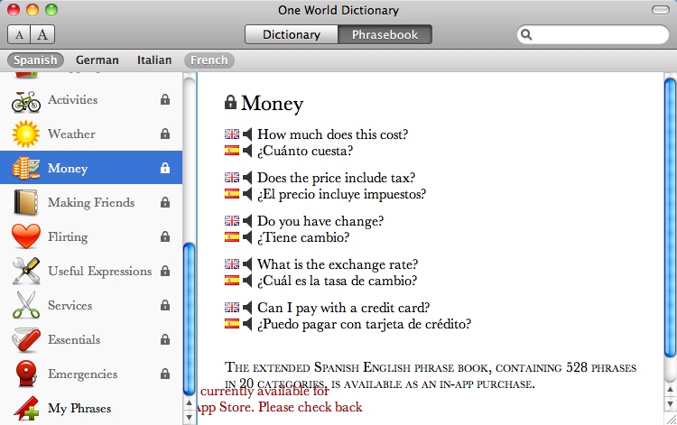 OneWorld Dictionary 2.1 : PhraseBook Window
