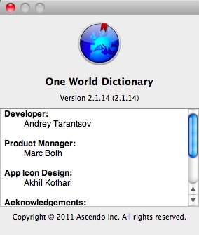 OneWorld Dictionary 2.1 : About Window
