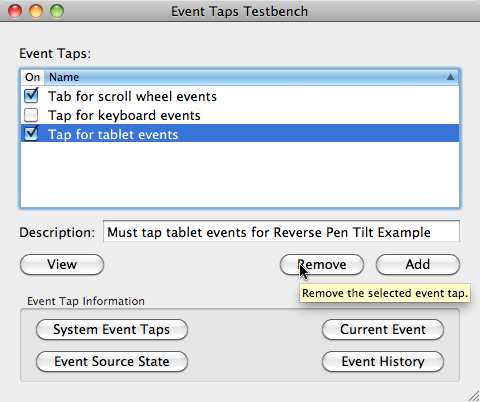 Event Taps Testbench 1.3 : Main window