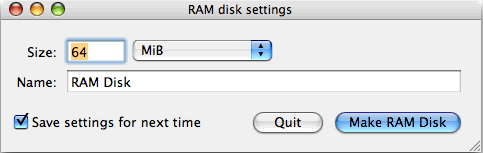 Make RAM Disk 1.0 : Settings screen