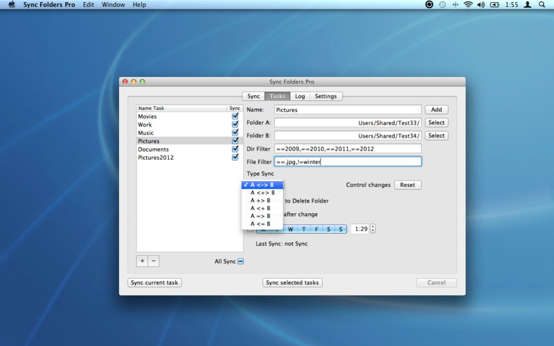 Sync Folders Pro 1.1 : Main Window