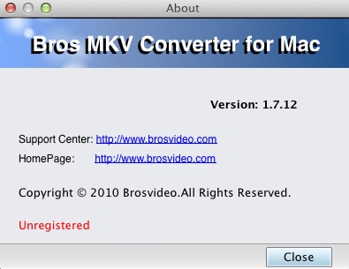 Bros MKV Converter for Mac 1.7 : About window