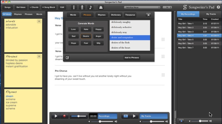 Songwriter's Pad LE 1.1 : main screen