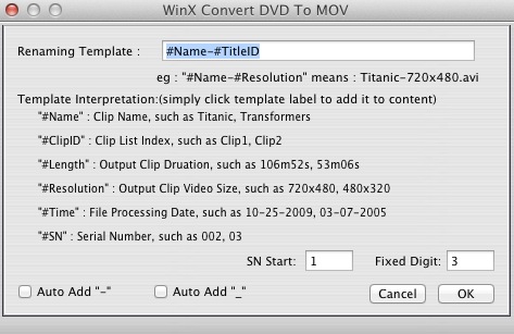 WinX Convert DVD To MOV 2.5 : Renaming template