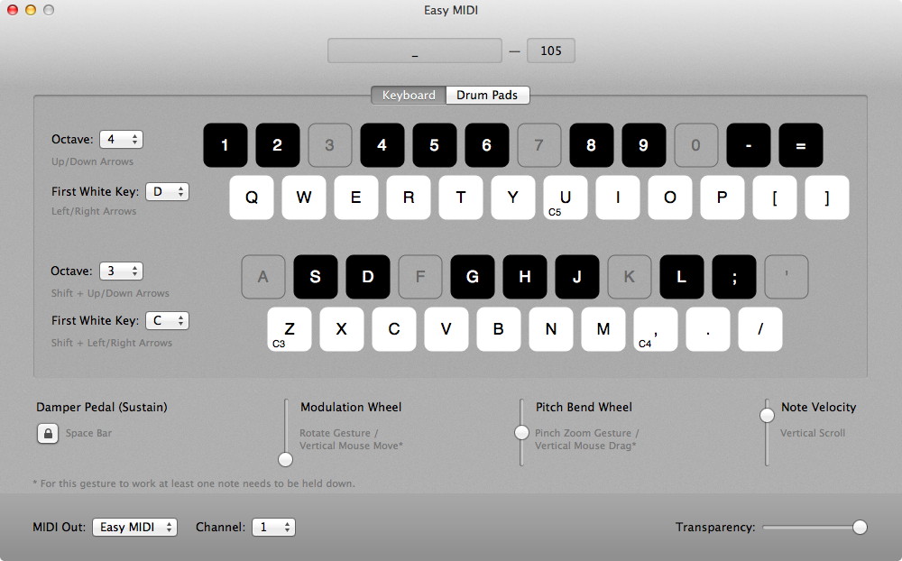 Easy MIDI - Turn your Mac keyboard & mouse into a MIDI Controller 1.2 : Main window