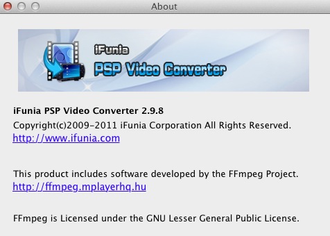 iFunia PSP Video Converter 2.9 : About window