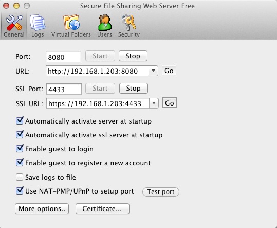 Secure File Sharing Web Server 1.5 : Main window
