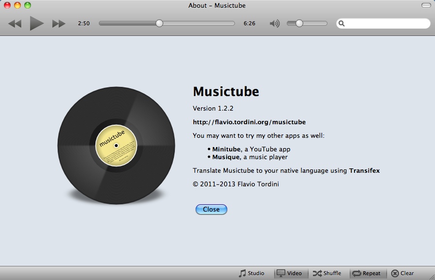 Musictube 1.2 : About Window