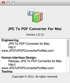 JPG To PDF Converter For Mac 1.0 : About Window