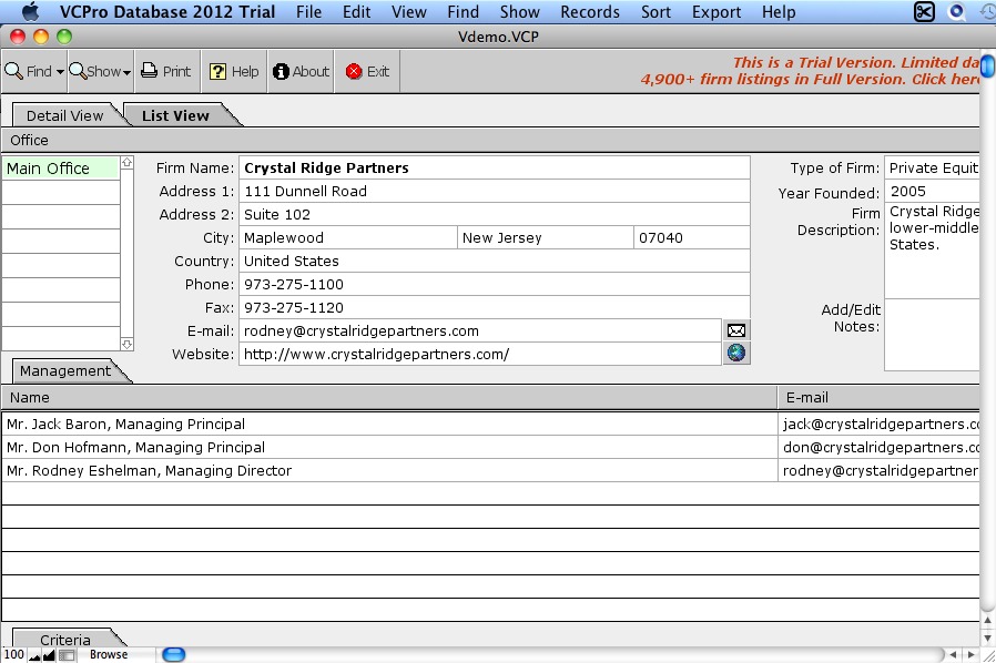 VCPro Database 2012 15.0 : Main window
