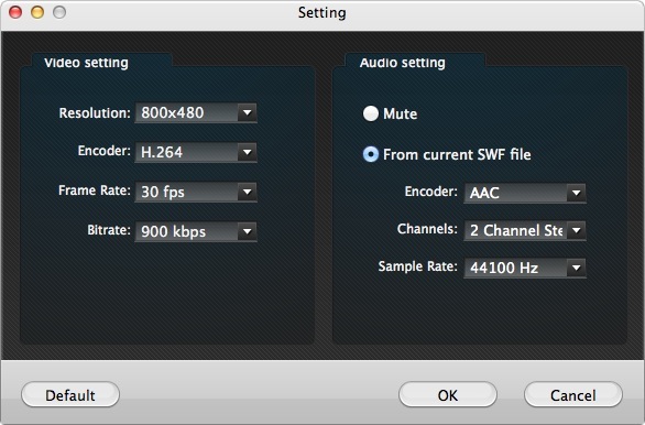 Higosoft SWF Converter for Mac 2.6 : Settings Window