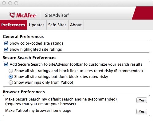 McAfee WebAdvisor 2.0 : Program Preferences