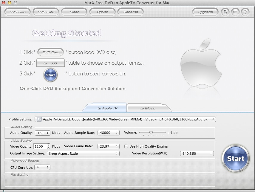 MacX Free DVD to AppleTV Converter for Mac 2.0 : Main window