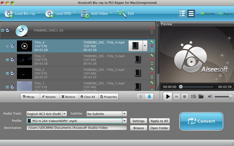 Aiseesoft Blu-ray to PS3 Ripper for Mac 6.2 : Main window