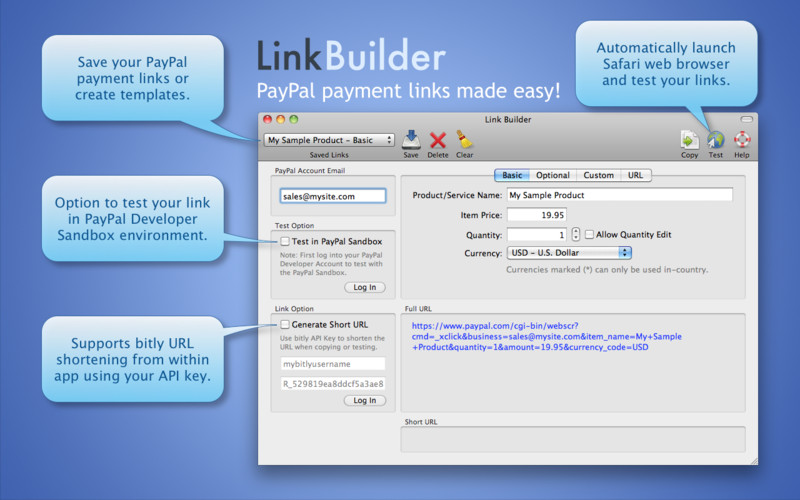 Link Builder for PayPal 1.1 : Main window