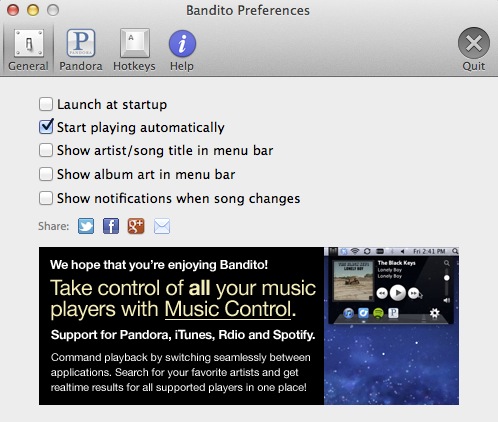 Bandito - Personalized internet radio without the browser 1.1 : General preferences