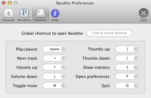 Bandito - Personalized internet radio without the browser 1.1 : Hotkeys