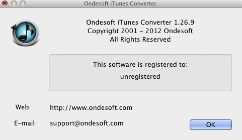 Onde iTunes Converter 1.2 : About window