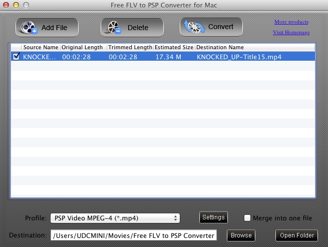 Free FLV to PSP Converter for Mac 1.0 : Main window