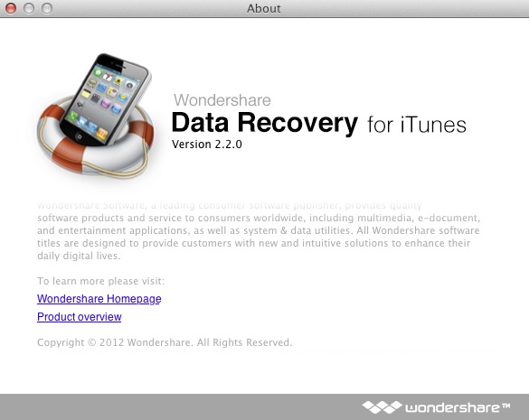 Wondershare Data Recovery for iTunes 2.2 : About window