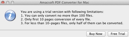 Amacsoft PDF Converter for Mac 2.8 : Trial limitation