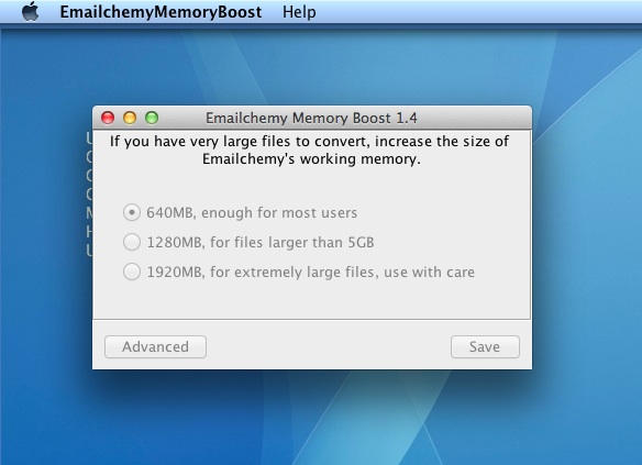 Emailchemy Memory Boost 1.4 : Main window