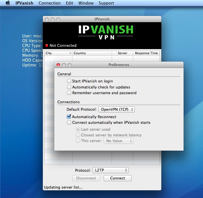 IPVanish-install 1.1 : Main window