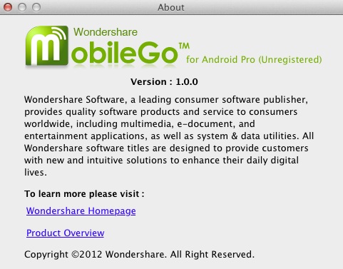 Wondershare MobileGo for Android Pro 1.0 : About window