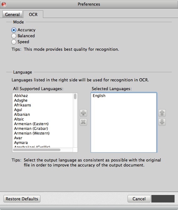 iSuper PDF Converter for Mac 6.0 : OCR Settings