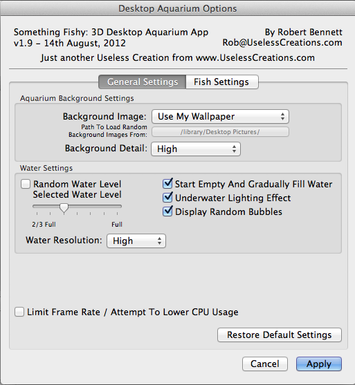 Desktop Aquarium 3D LIVE Wallpaper & ScreenSaver 1.9 : General Settings