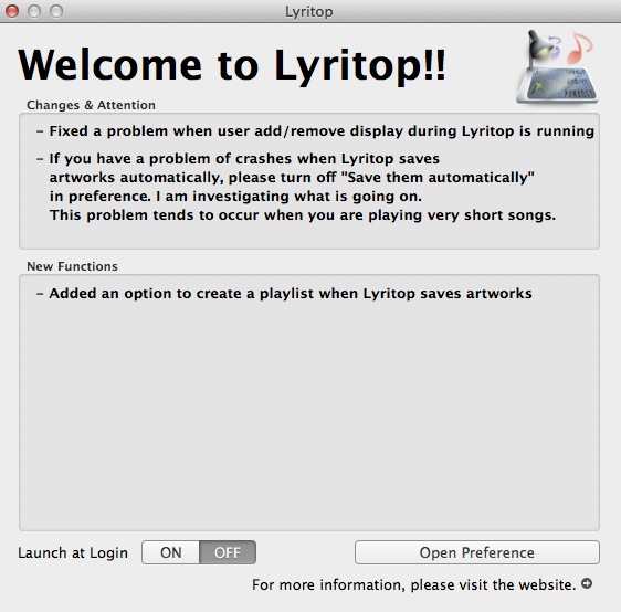 Lyritop 1.8 : Welcome screen