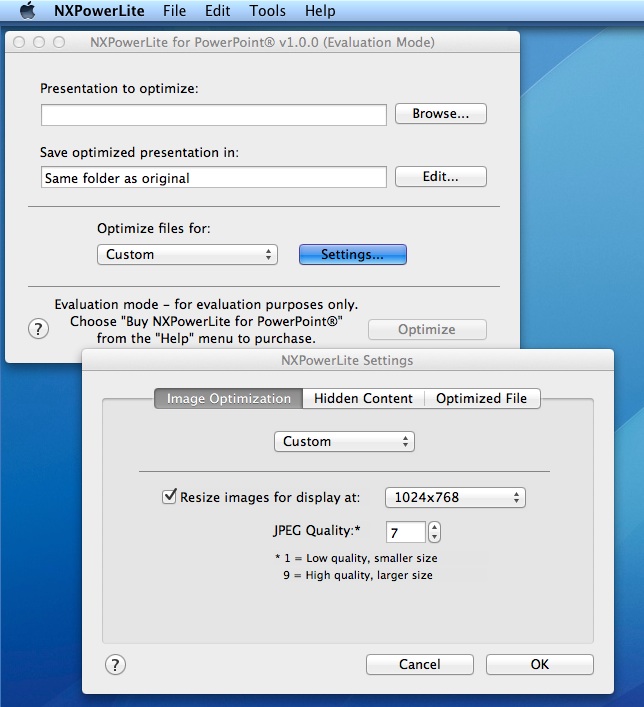 NXPowerLite 1.0 : Settings window
