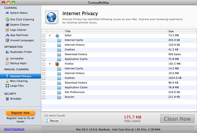 TuneupMyMac 1.7 : Internet Privacy