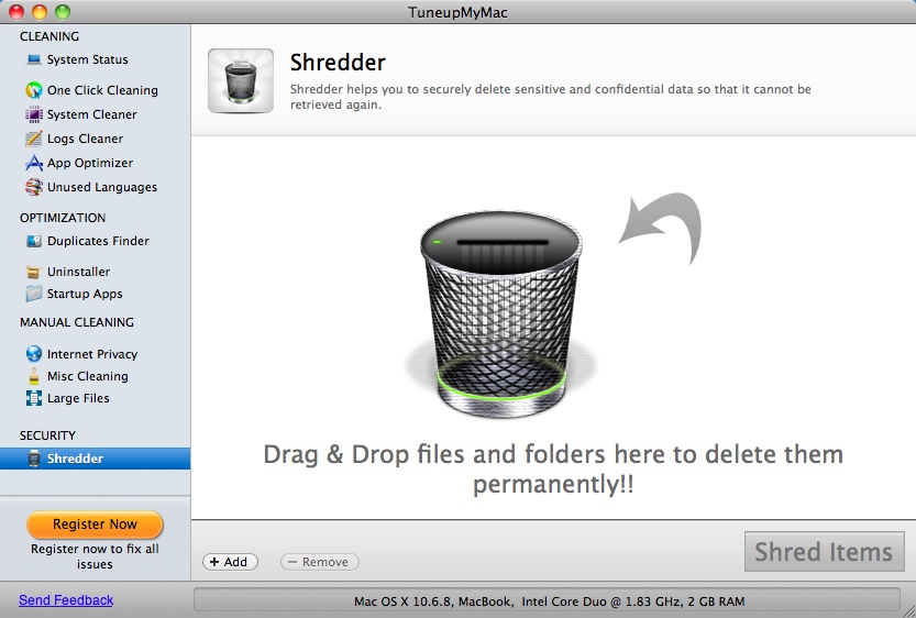 TuneupMyMac 1.7 : Shredder Window