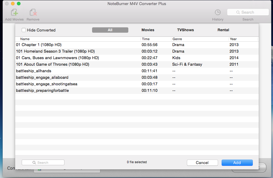 NoteBurner M4V Converter Plus for Mac 4.1 : add movies