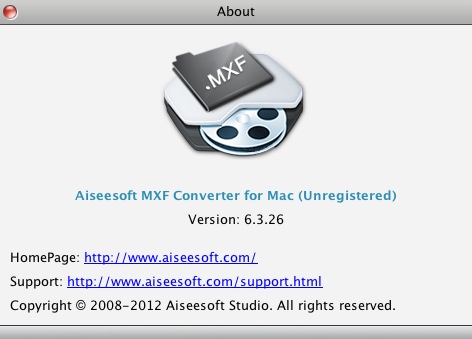 Aiseesoft MXF Converter for Mac 6.3 : About window