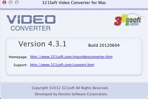 321Soft Video Converter for Mac 4.3 : About window